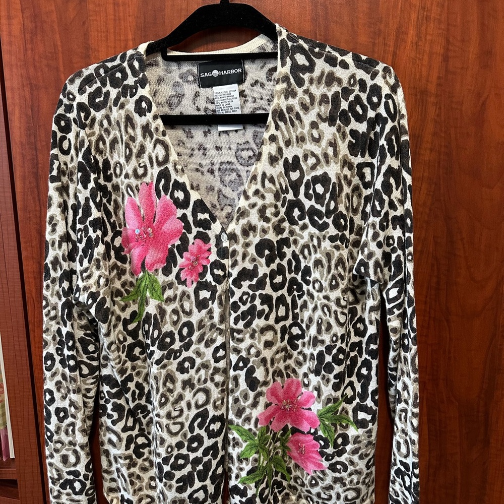 Leopard Print Cardigan with Pink Floral Accents